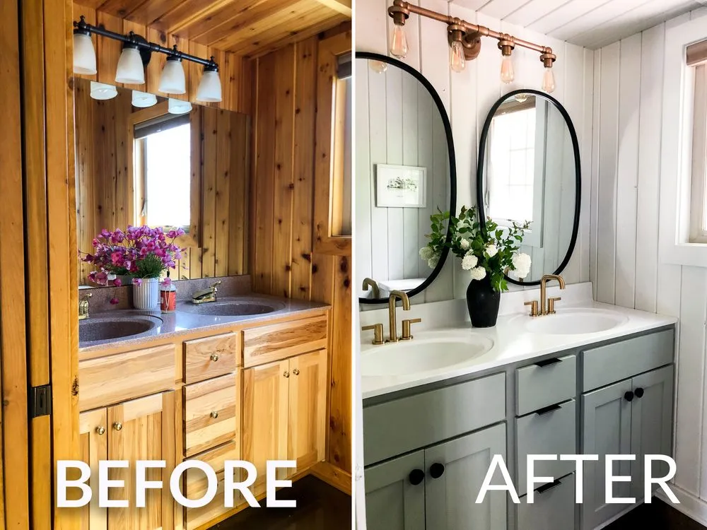 Before and after bathroom vanity remodel replacing cedar paneling with white shiplap and sage green double vanity with oval mirrors