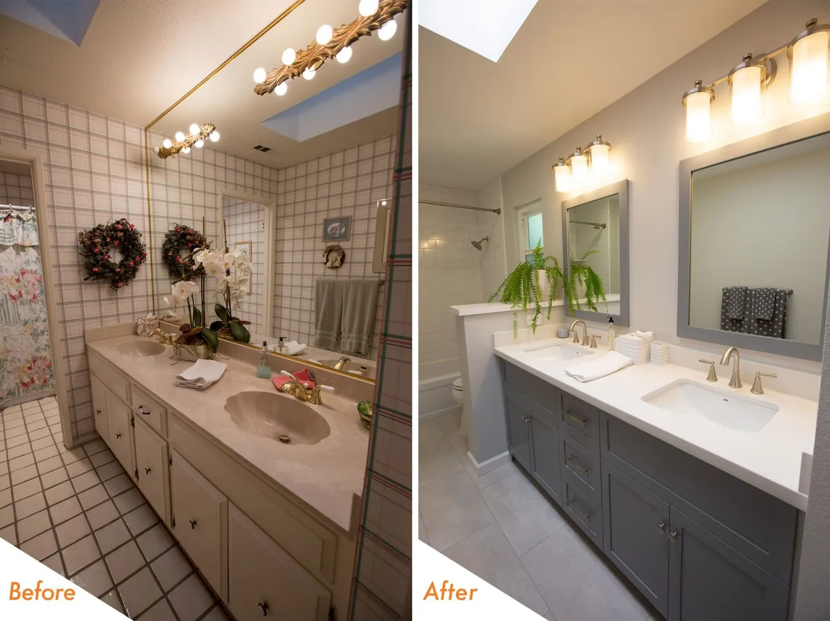 Before and after bathroom vanity upgrade from dated tile countertop to gray shaker cabinet with quartz top and modern lighting