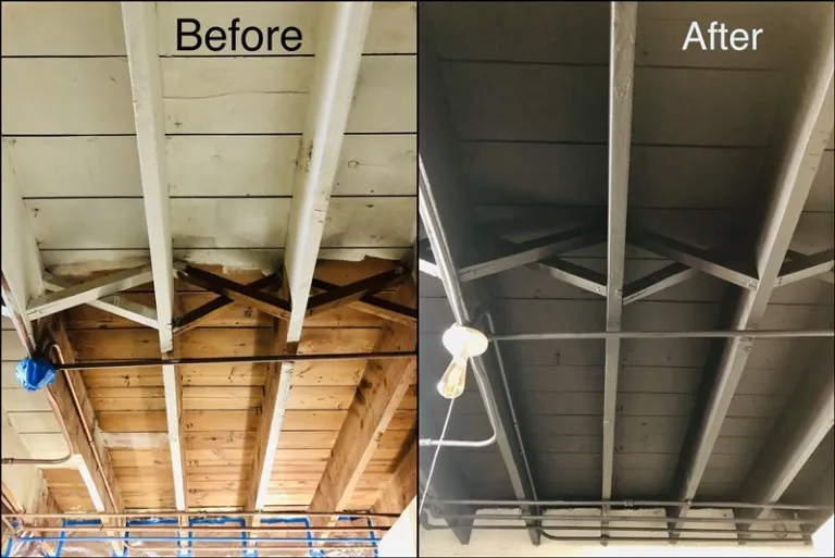 Before and after ceiling spray painting showing exposed wood beam ceiling painted to smooth even finish