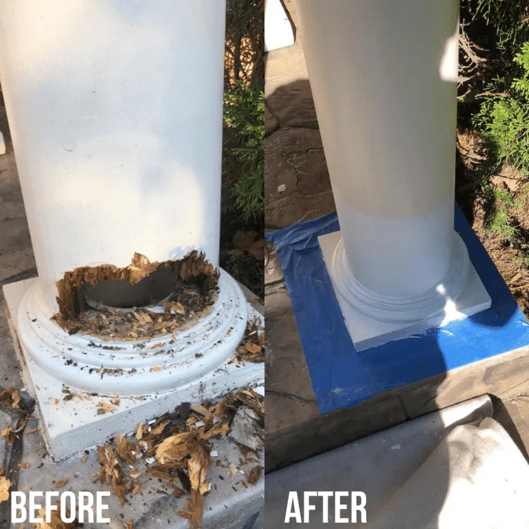 Before and after exterior column base restoration showing deteriorated base repaired and sealed with new molding