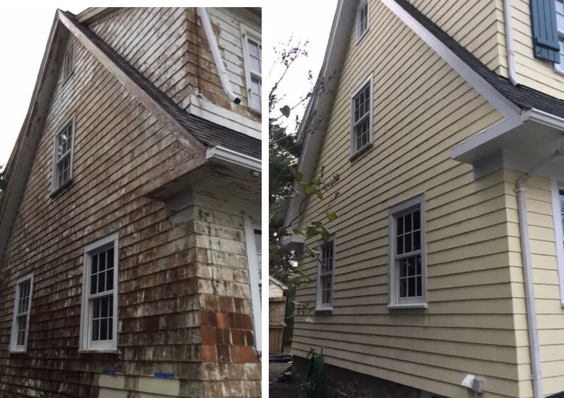 Before and after exterior siding replacement and painting showing deteriorated cedar shingles replaced with new clapboard siding
