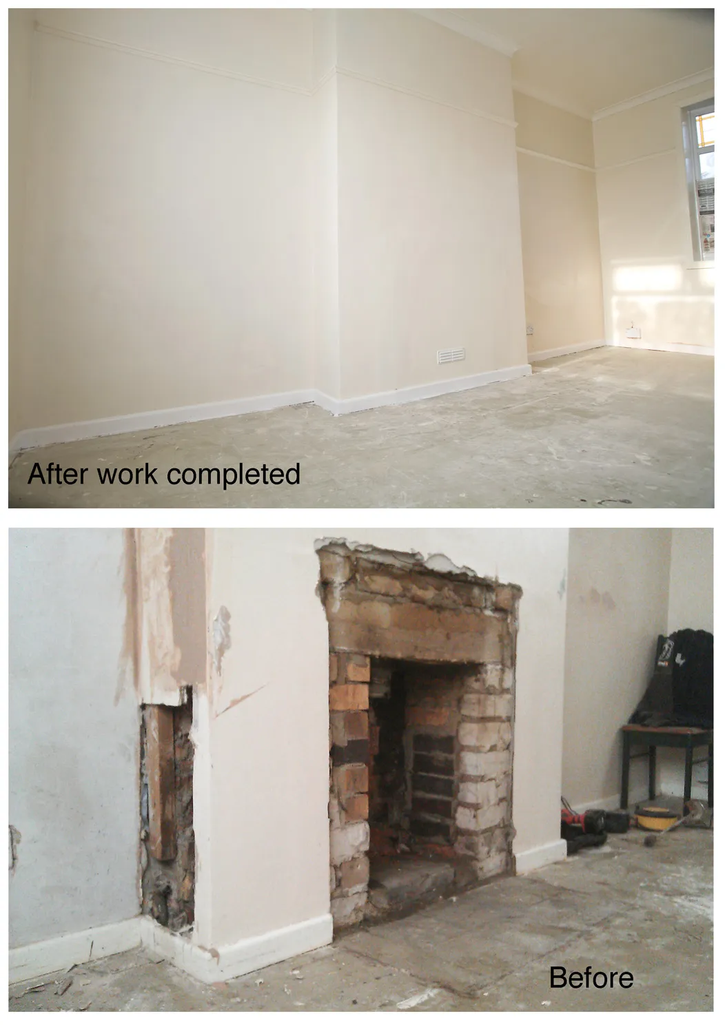 Before and after fireplace removal showing brick fireplace boarded up and wall finished smooth with fresh paint