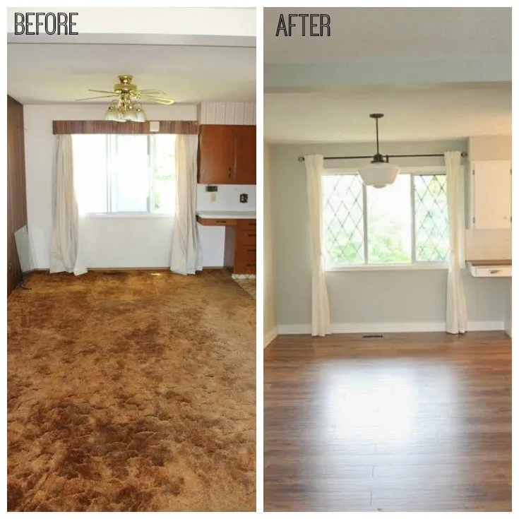 Before and after flooring replacement showing worn brown carpet removed and replaced with hardwood laminate flooring in Bay Area home