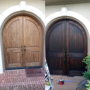 Before and after front door refinishing showing arched double doors restained from faded light wood to rich dark walnut finish