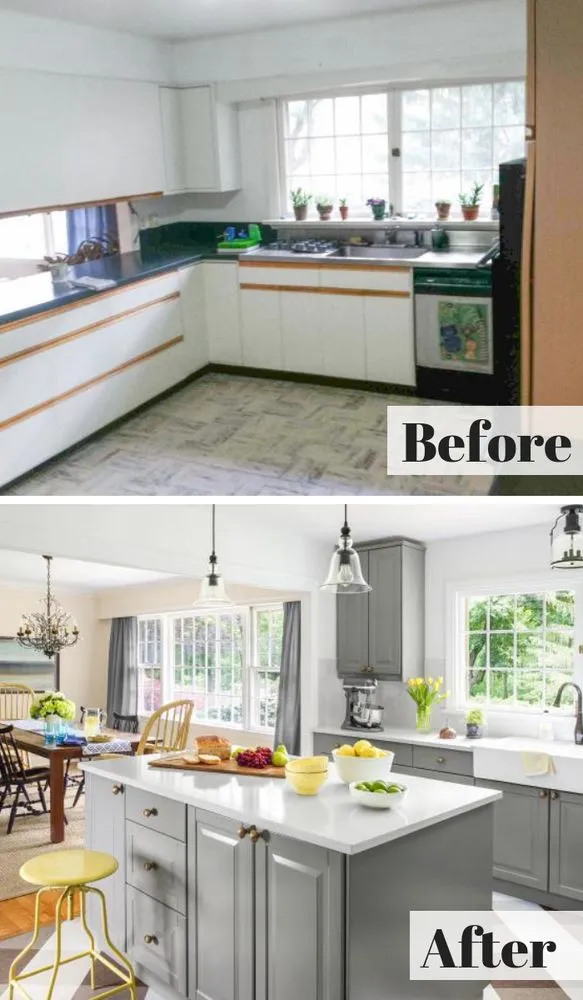 Before and after full kitchen remodel transforming dated white kitchen to modern gray shaker cabinets with quartz countertops and farmhouse sink