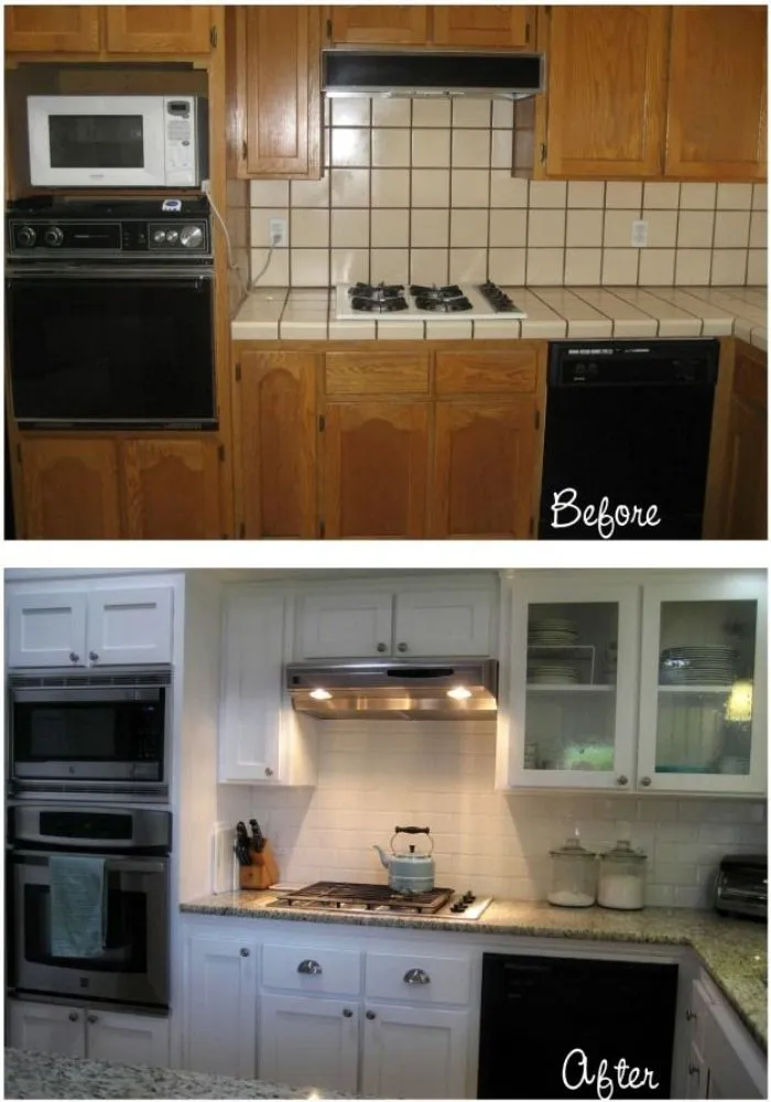 Before and after kitchen cabinet refinishing showing oak cabinets painted white with granite countertops and glass-front uppers