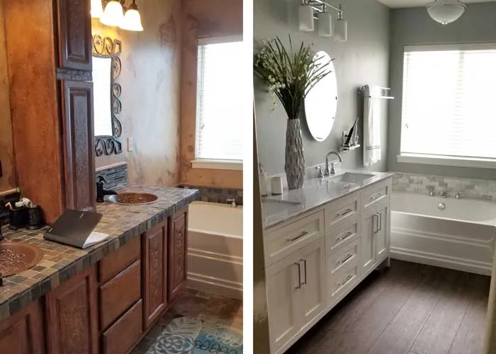 Before and after master bathroom remodel transforming Tuscan-style dark bathroom to bright modern white vanity with marble countertop