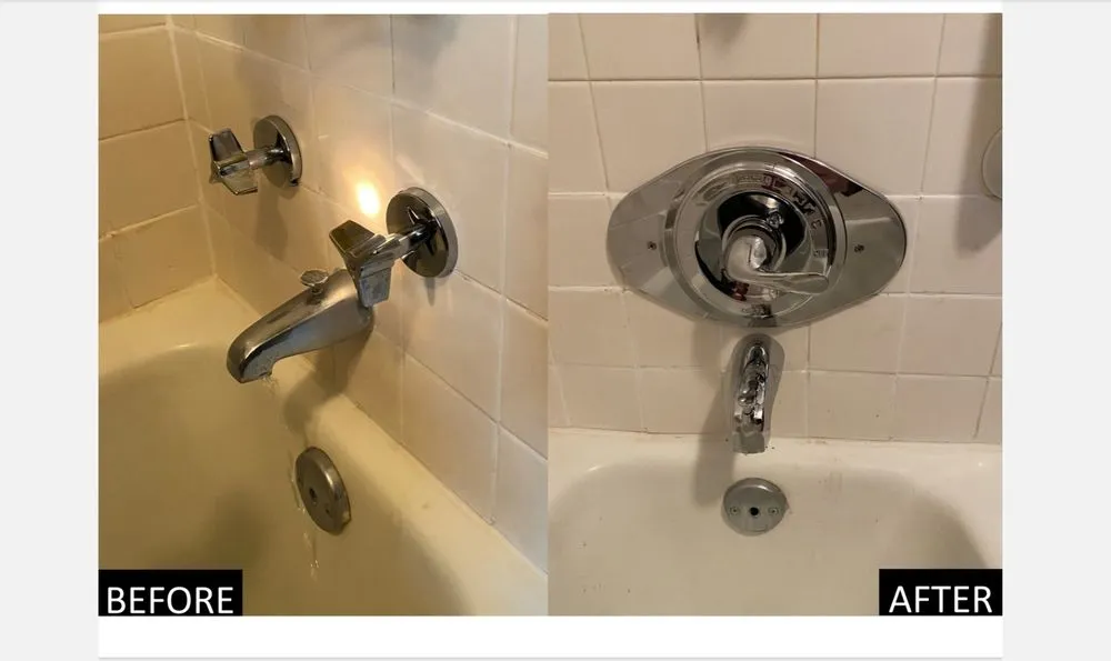 Before and after shower fixture replacement upgrading old two-handle faucet to modern single-handle pressure-balanced valve