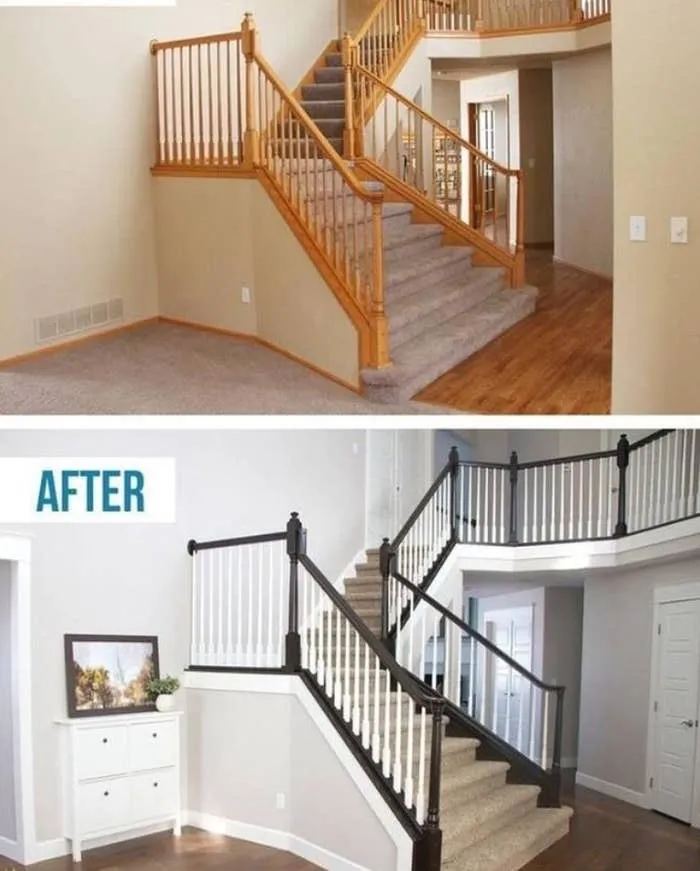 Before and after staircase railing painting transforming oak balusters to black with white wainscoting and gray walls