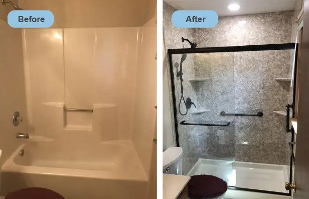 Before and after tub-to-shower conversion replacing fiberglass tub with walk-in tile shower and frameless glass door in Bay Area bathroom