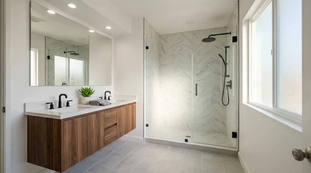 Modern bathroom remodel in a Fremont California home with walk-in shower and floating vanity