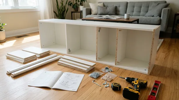 Partially assembled IKEA bookshelf with tools and instruction manual on a living room floor