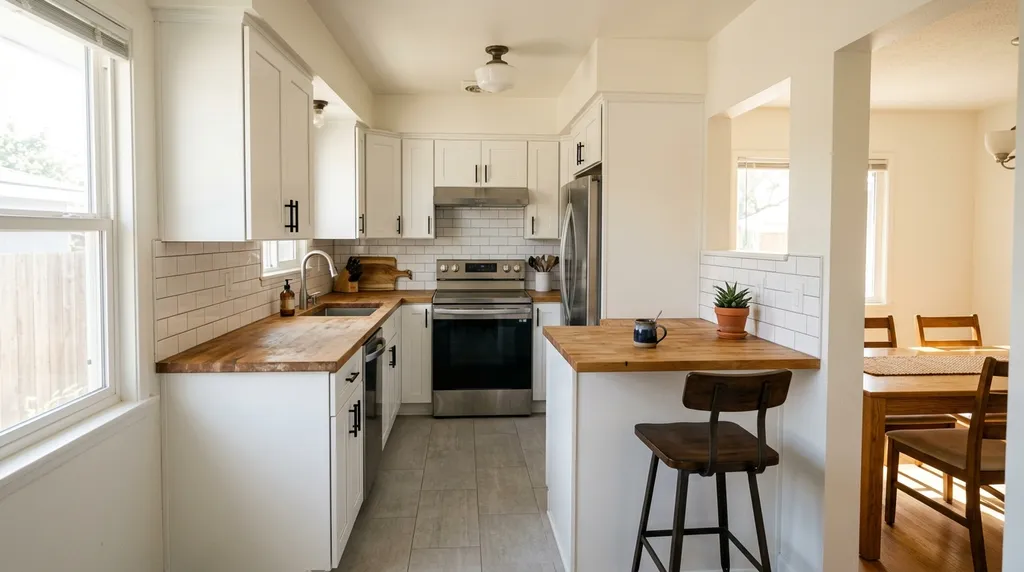 Cozy kitchen remodel in a 1950s San Lorenzo ranch home with Shaker cabinets and butcher block countertops