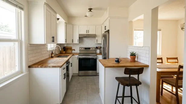 Cozy kitchen remodel in a 1950s San Lorenzo ranch home with Shaker cabinets and butcher block countertops