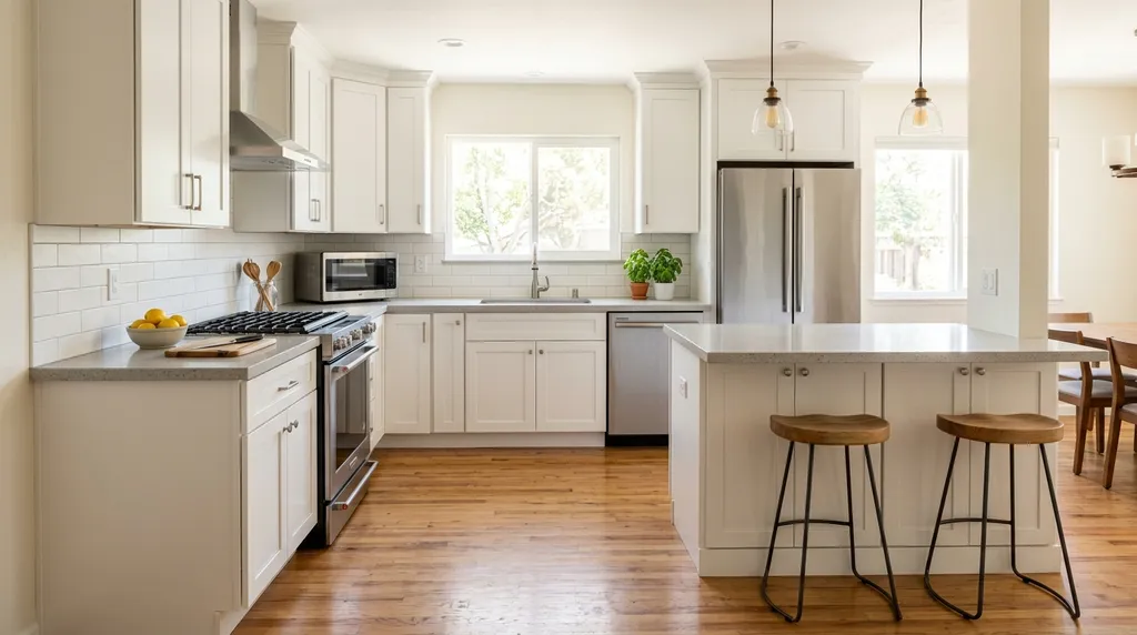 Remodeled kitchen in a Bay Area home with white Shaker cabinets and quartz countertops
